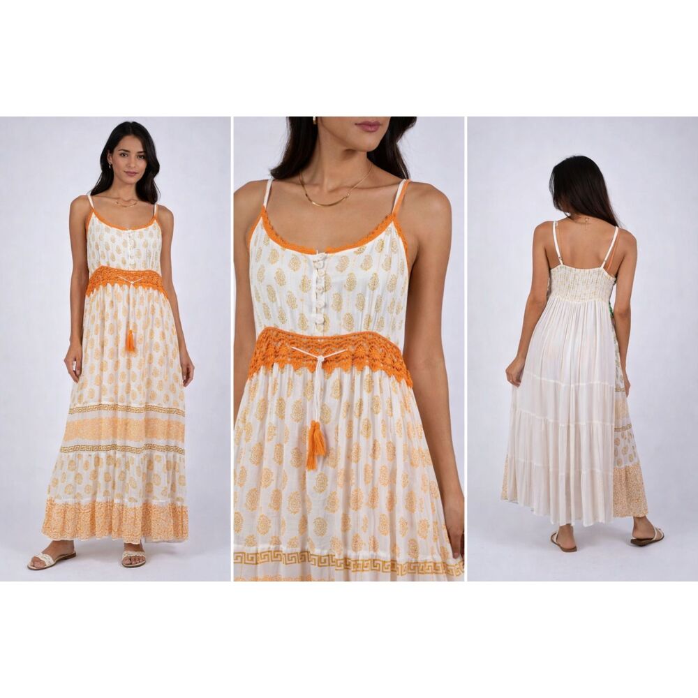 Sacred Threads White & Teal Crochet Maxi Dress Size S/M